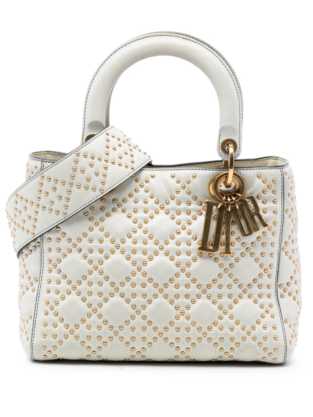Christian Dior Pre-Owned Borsa a tracolla Lady Dior media in pelle morbida di agnello con motivo Cannage e borchie 2018 - Bianco