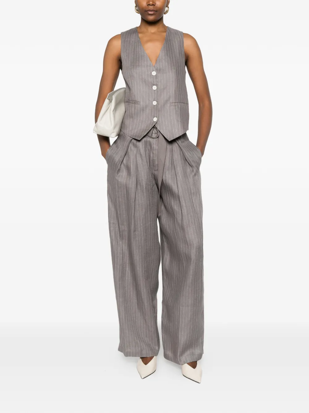  Eleh Pinstripe Belted Trousers - Grey 