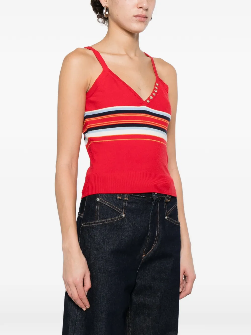  Frankies Bikinis Striped Button Tank Top - Red 