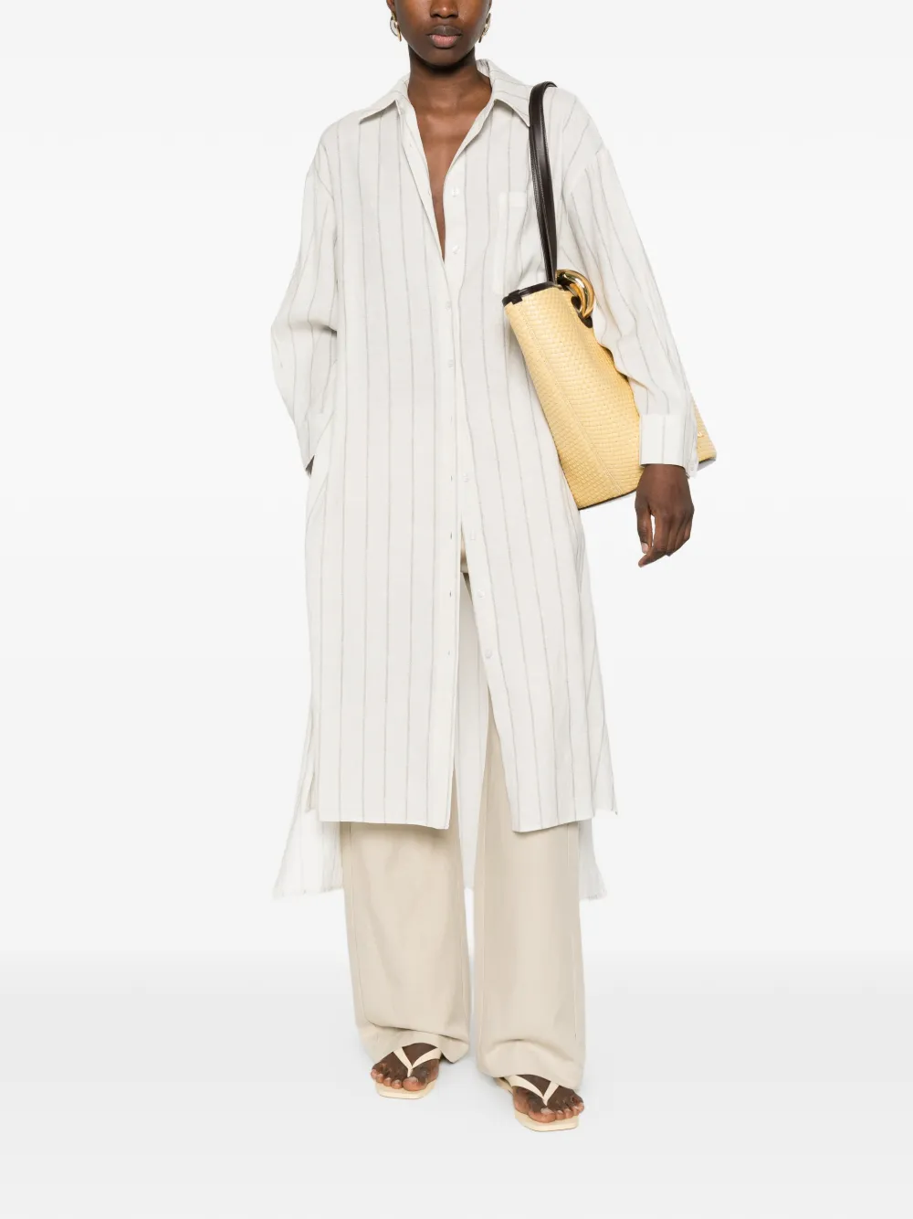  Eleh Striped-pattern Chest-pocket Midi Shirt Dress - Neutrals 