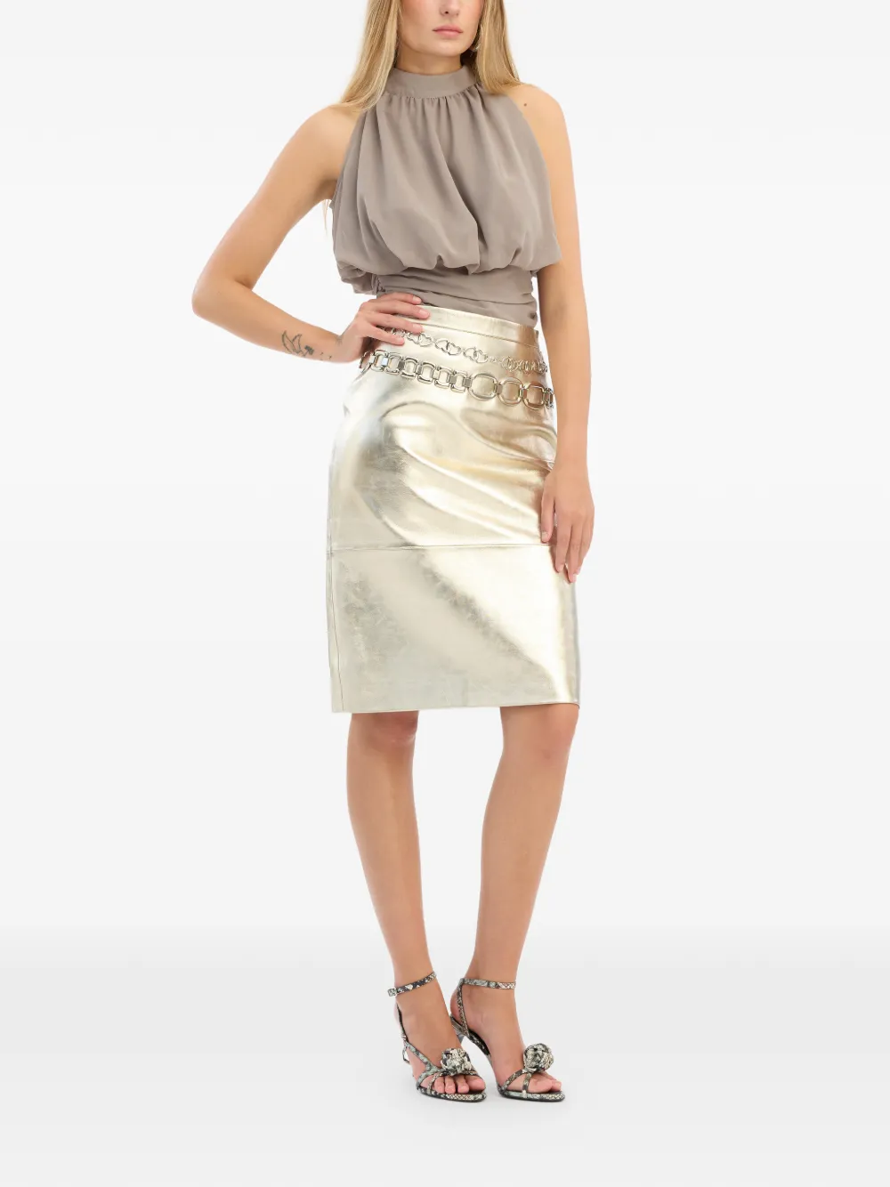  Rotate Birger Christensen Chiffon Ruched Blouse - Brown 