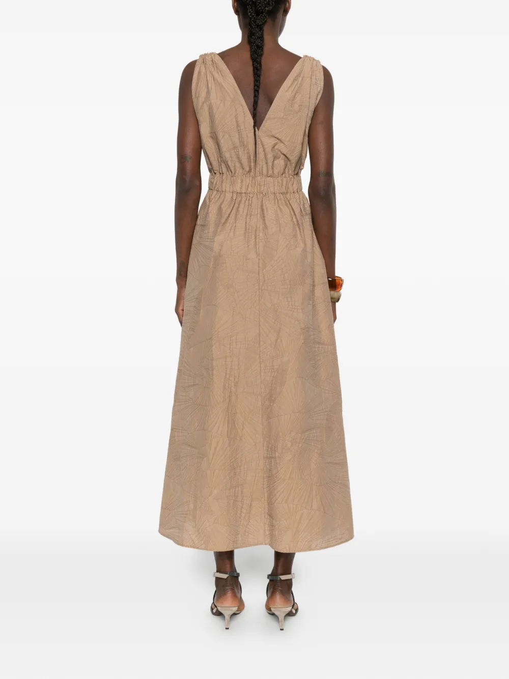 Brunello Cucinelli Midi-jurk met ceintuur en V-hals Bruin