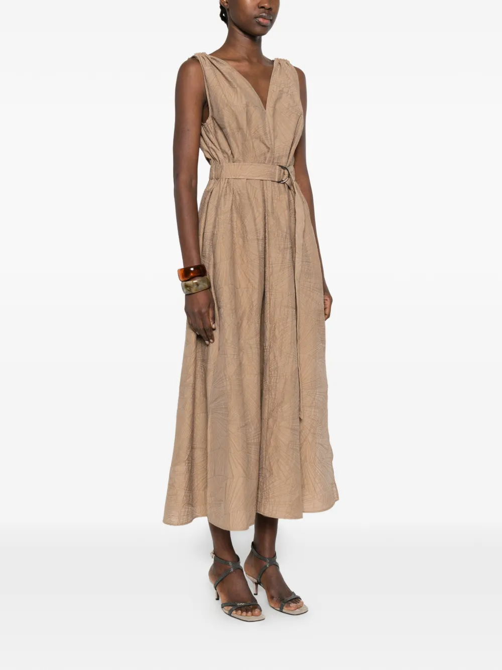 Brunello Cucinelli Midi-jurk met ceintuur en V-hals Bruin