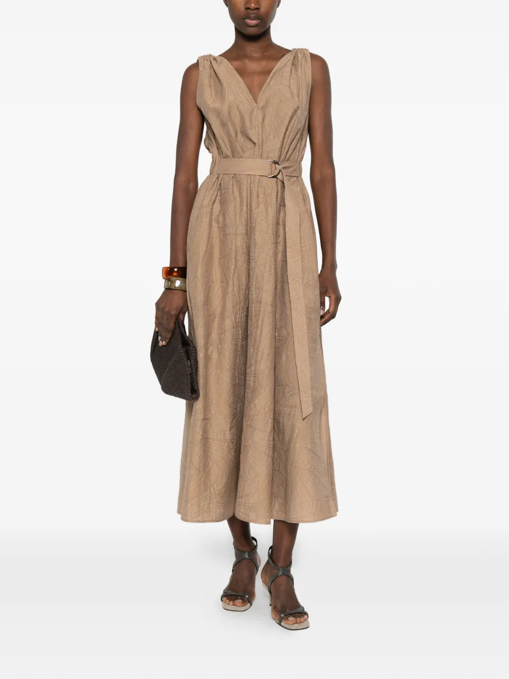 Brunello Cucinelli Midi-jurk met ceintuur en V-hals Bruin