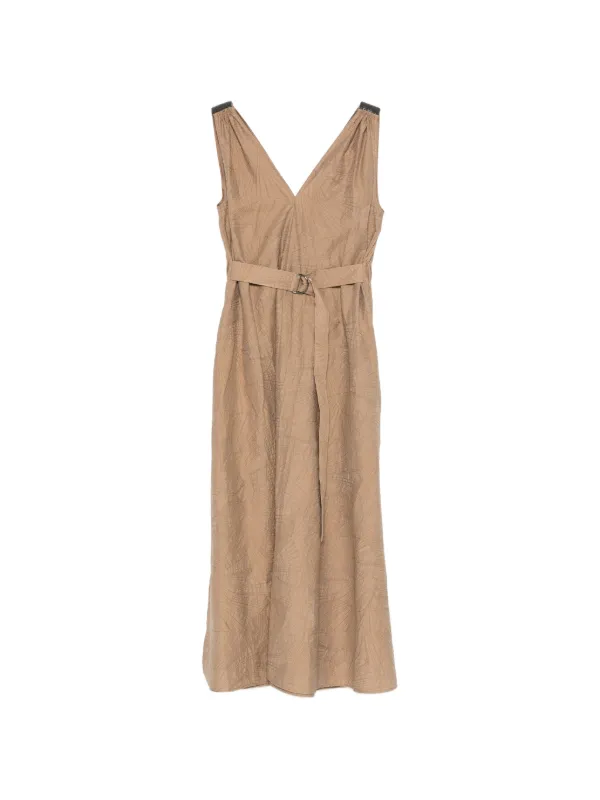 Brunello Cucinelli V-neck Belted Midi Dress in Brown