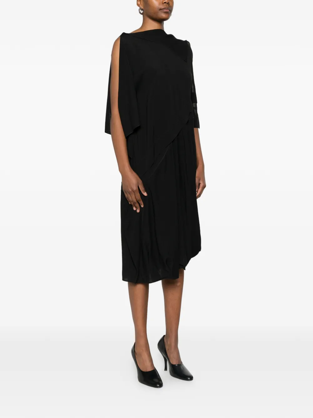  High Asymmetric Layered Midi Dress - Black 