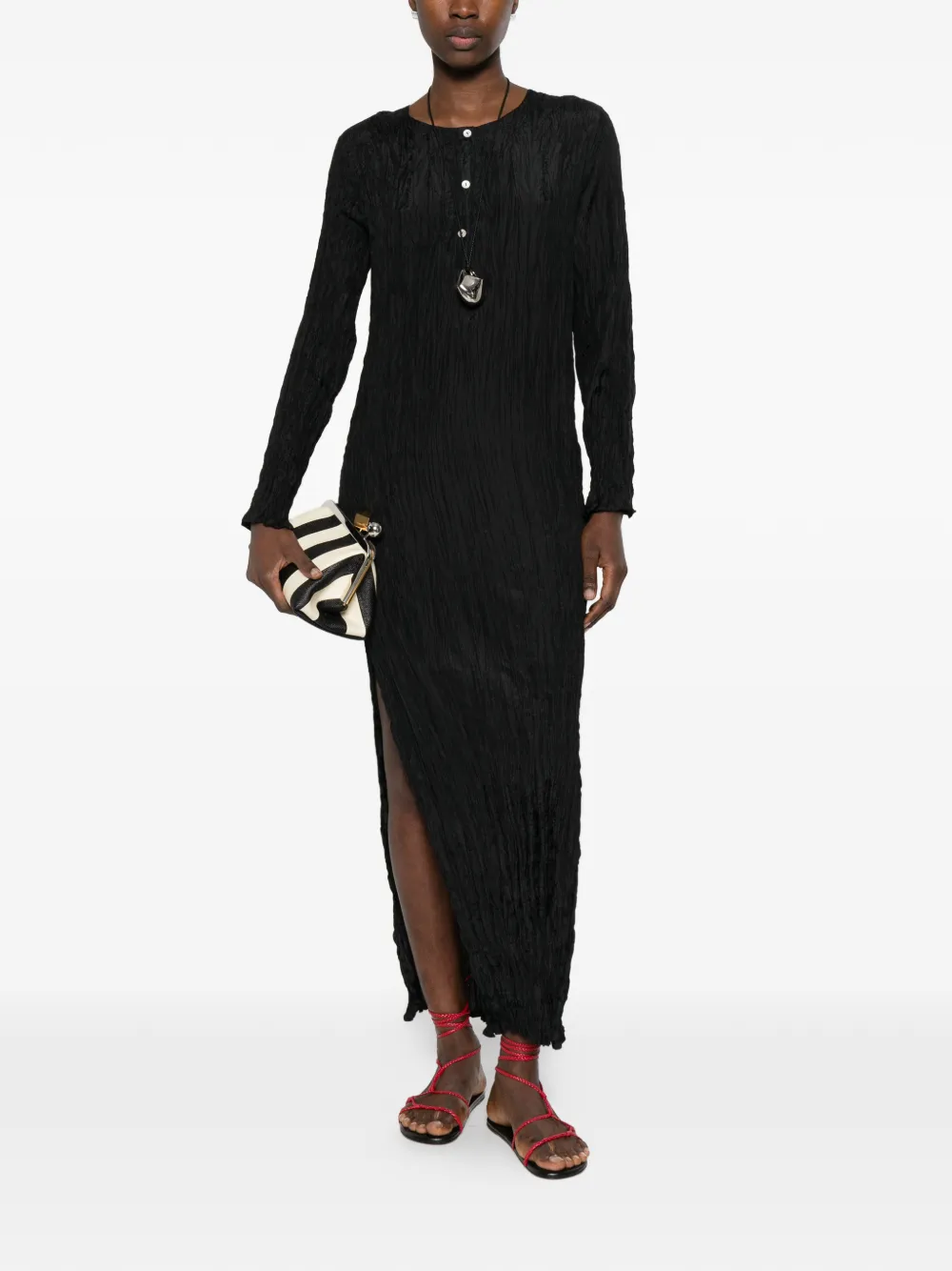 Button-Fastening Textured Midi Dress