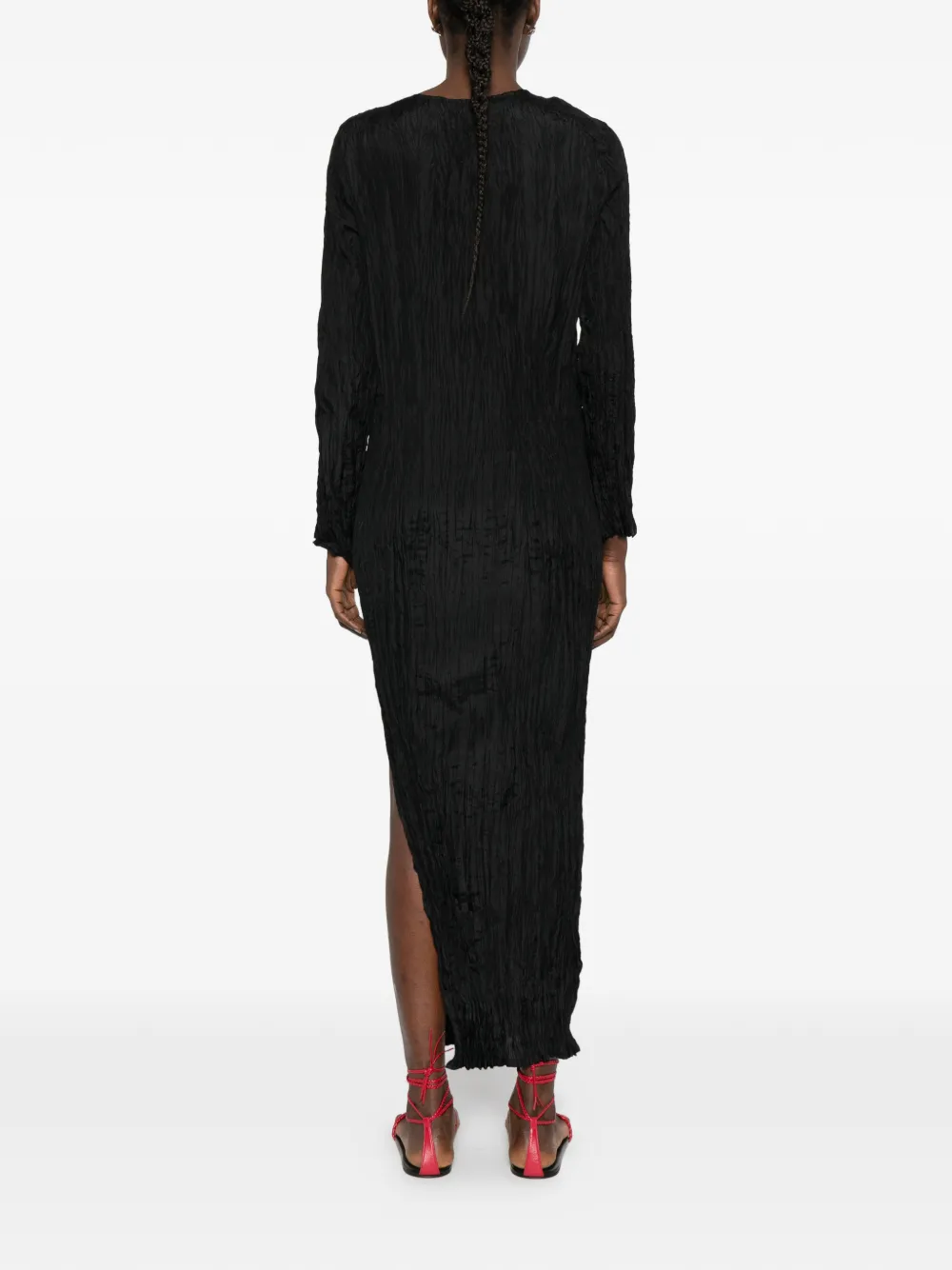 Button-Fastening Textured Midi Dress