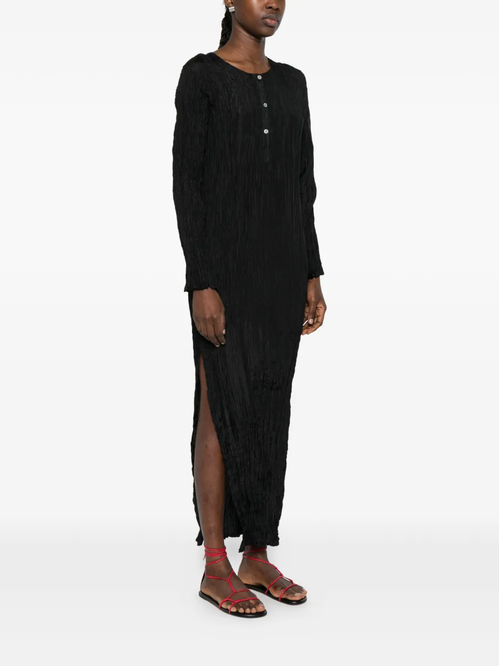 Button-Fastening Textured Midi Dress