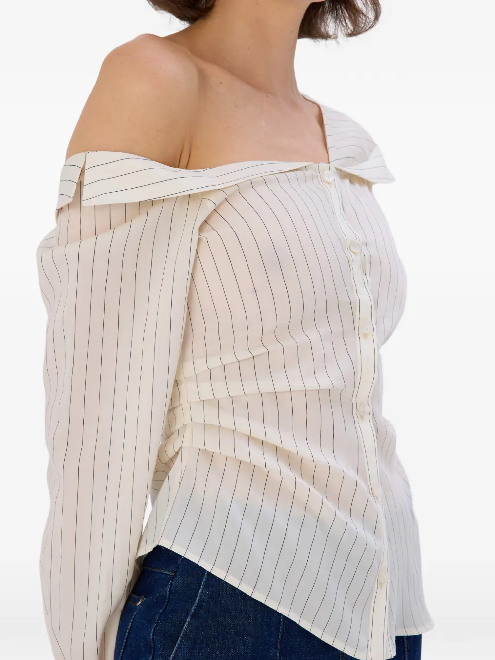 OCCLEUS Myla gestreepte off-shoulder blouse Beige