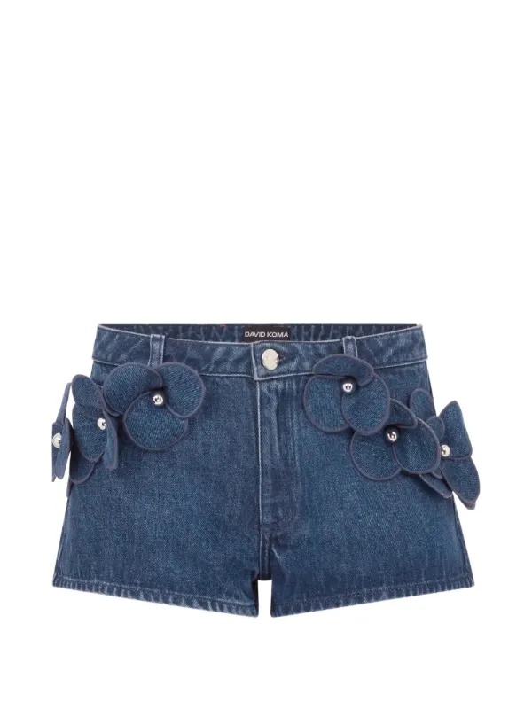 David Koma 3D Flower Denim Mini Shorts in Blue