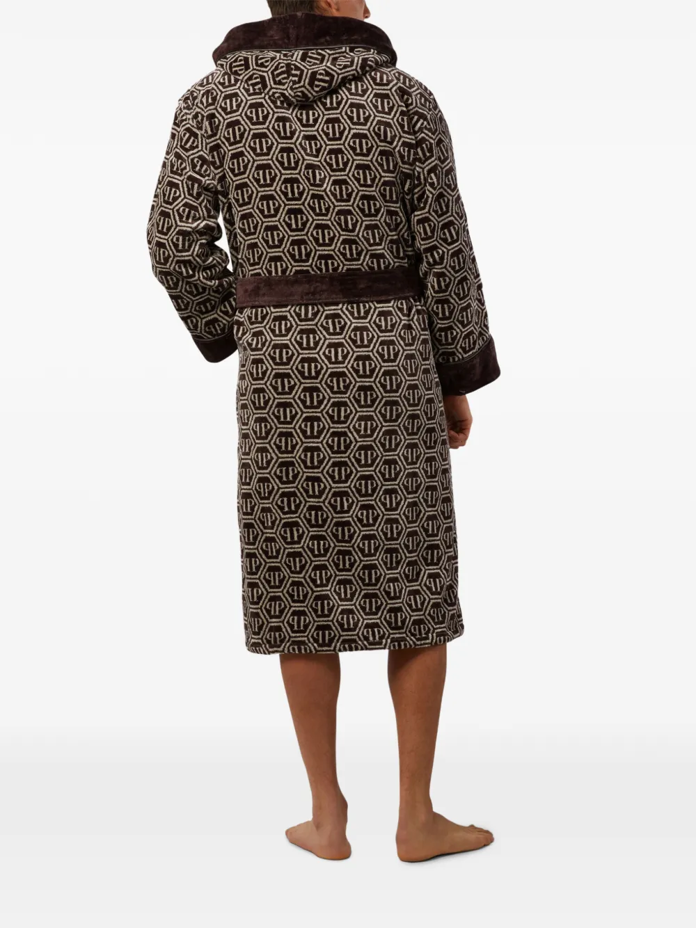  Philipp Plein Hooded Geometric-pattern Bath Robe - Brown 
