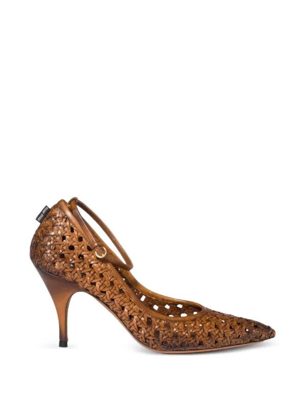 Miu Miu Woven-leather Ankle-strap Pumps in Brown
