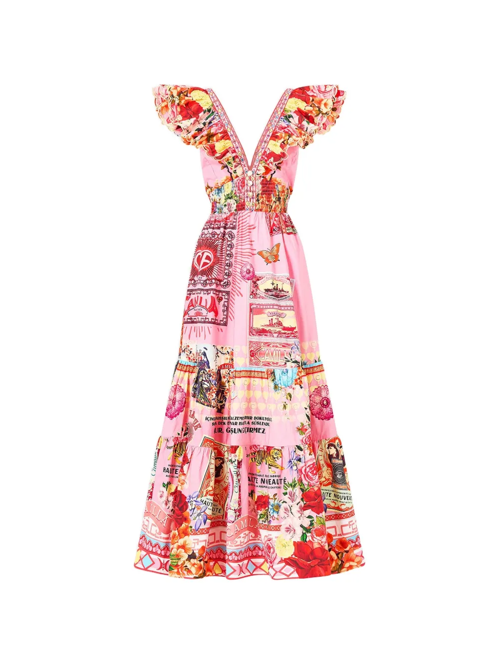 Camilla tiered neck frill dress - Rosa