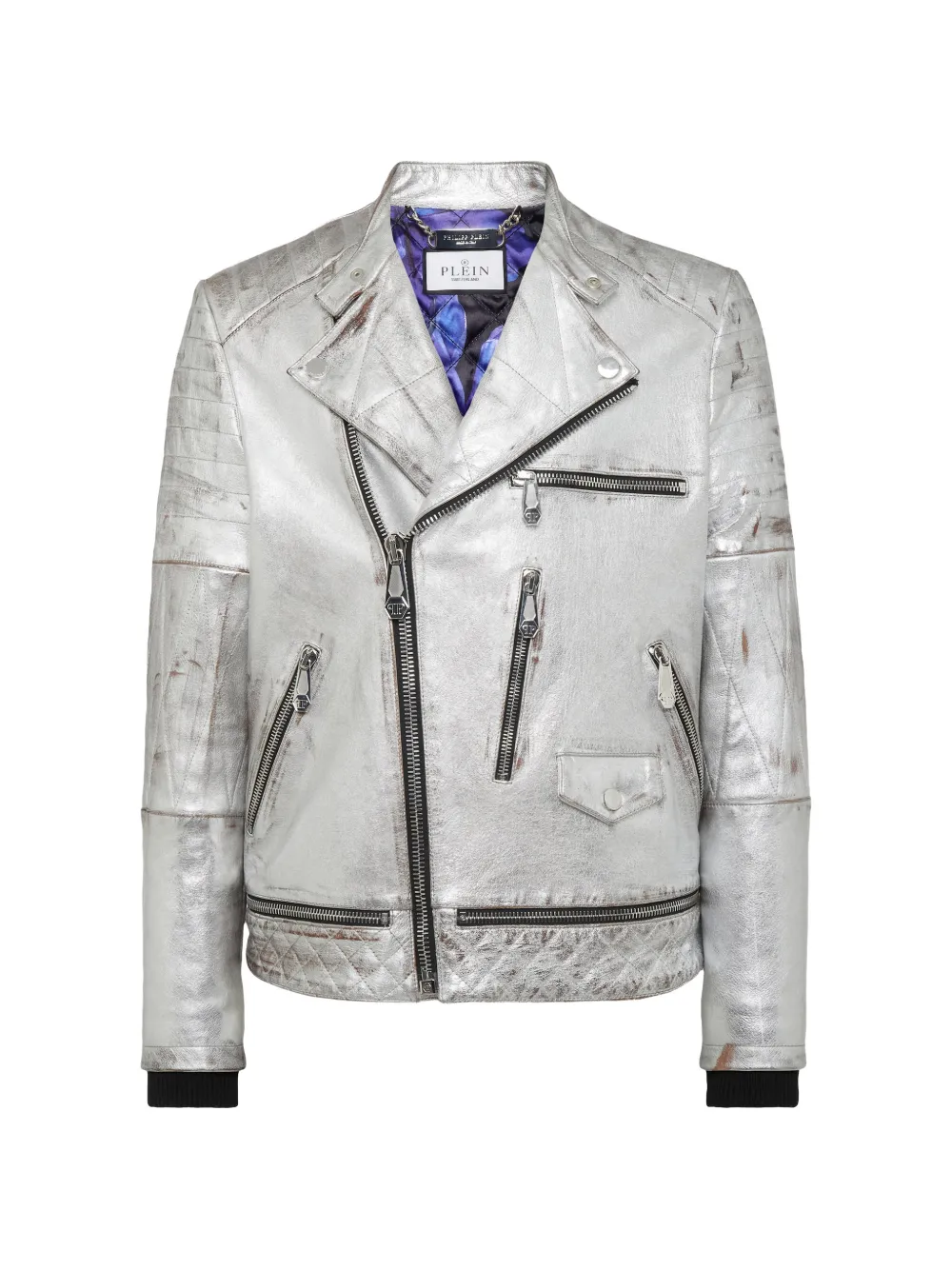 Philipp Plein Leather Biker Jacket In Silver