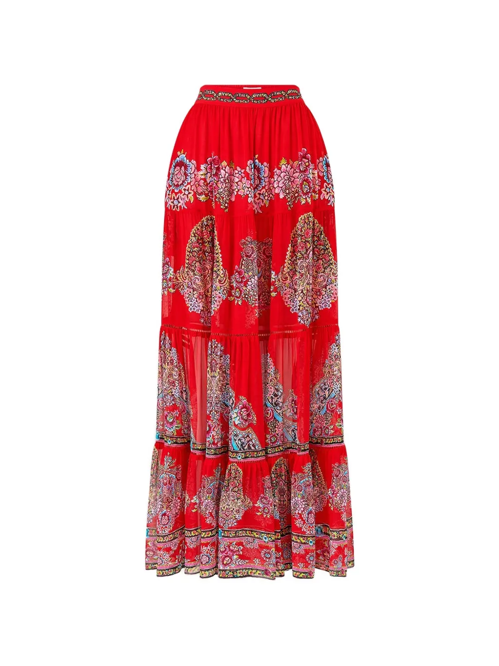 Camilla floral-detail tiered maxi skirt - Rosso