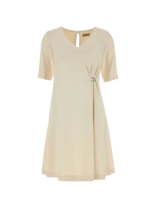 Herno V-neck Short-sleeve Midi Dress in Neutrals