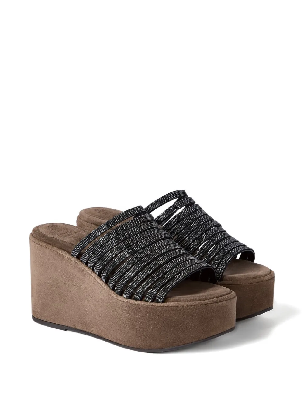 Brunello Cucinelli suede wedges with precious straps Zwart