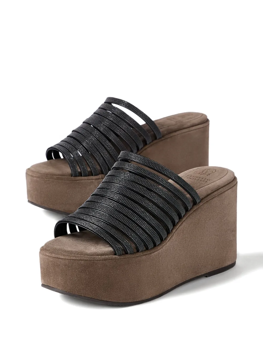 Brunello Cucinelli suede wedges with precious straps Zwart