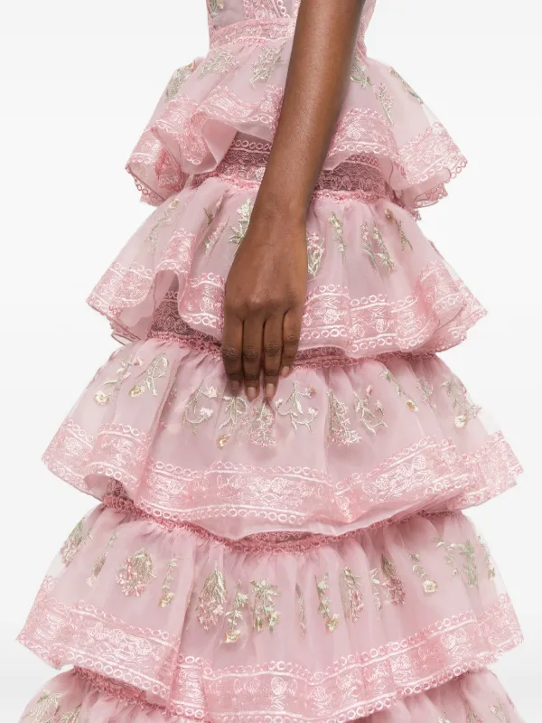 MIAU By Clara Rotescu Ruffled Embroidered Maxi Dress | Pink