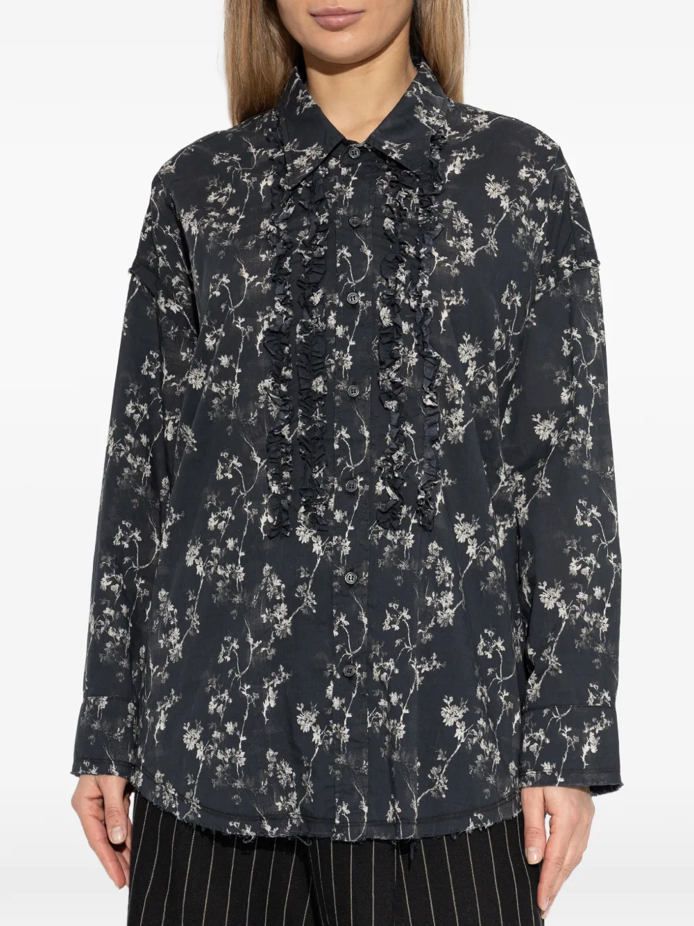 R13 Shirt met ruches en bloemenprint Zwart