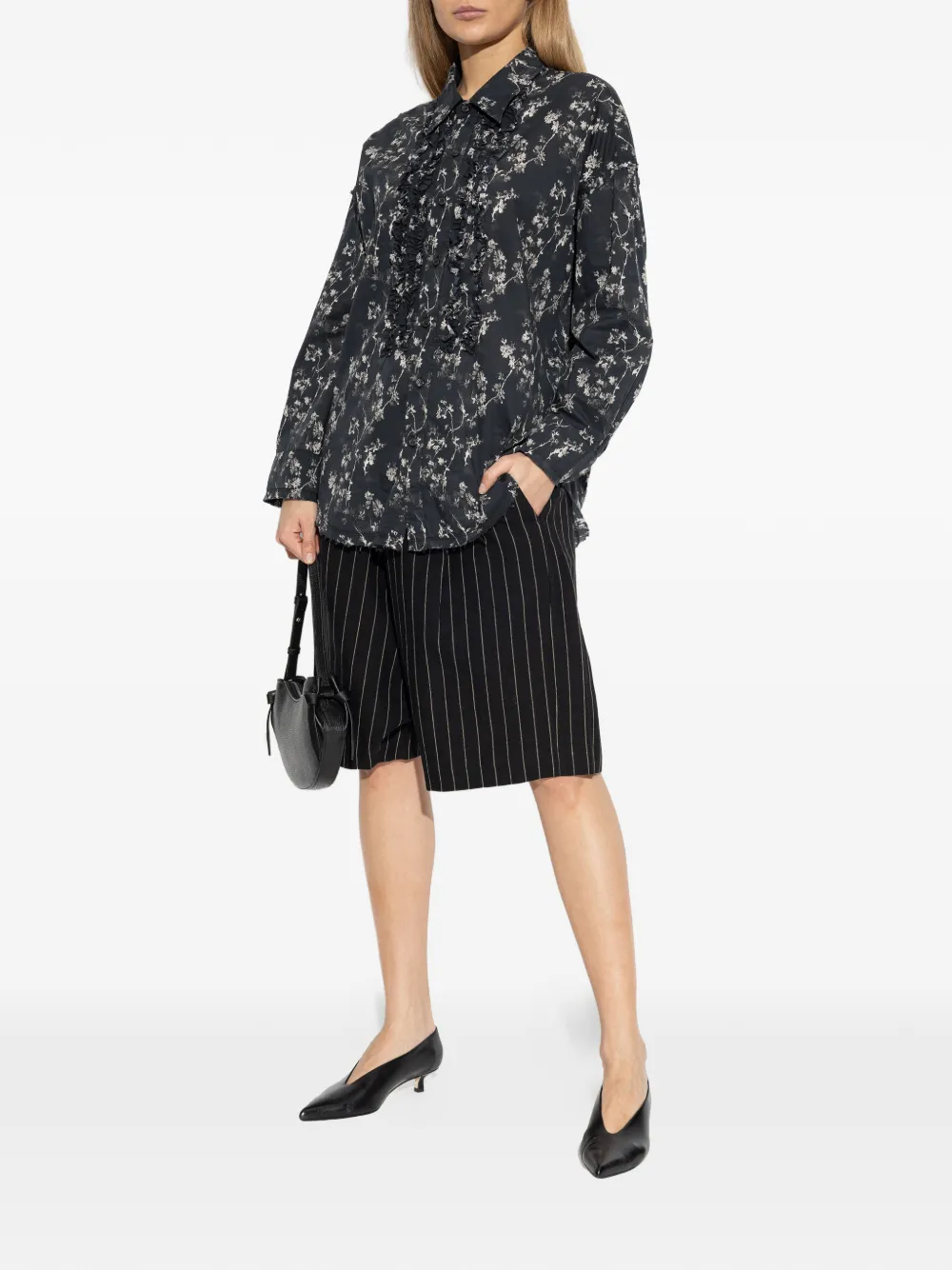 R13 Shirt met ruches en bloemenprint Zwart