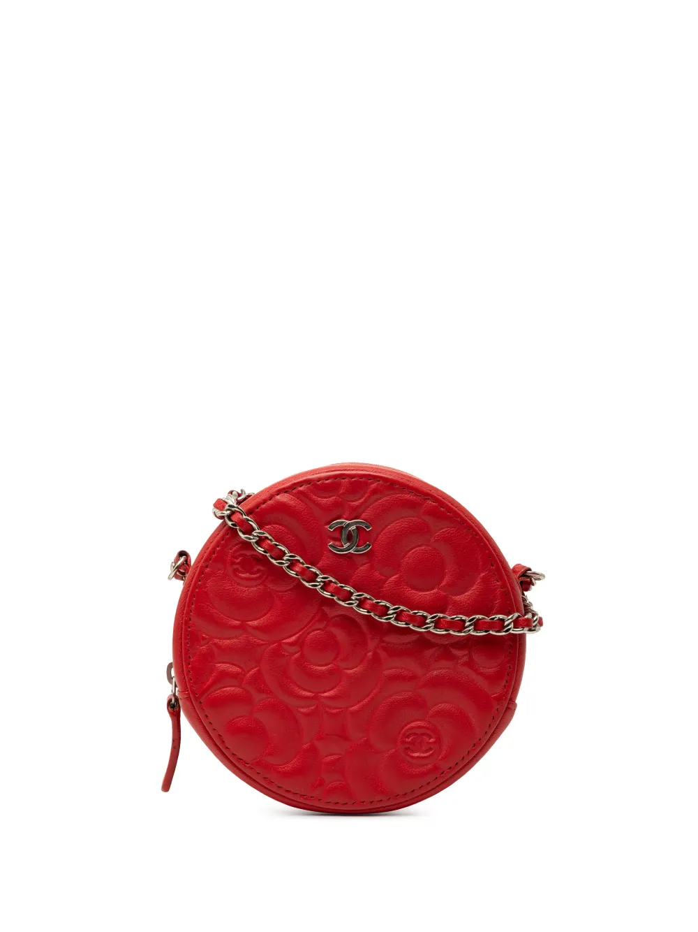 CHANEL Pre-Owned Clutch Camellia tonda in pelle di capra con catena 2019 - Rosso