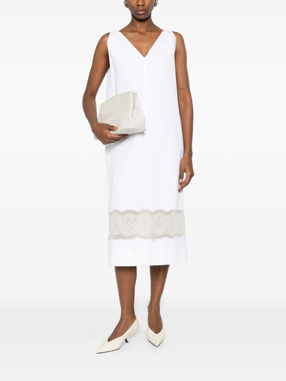 Carven V-neck Lace Midi Dress in White, view 2
