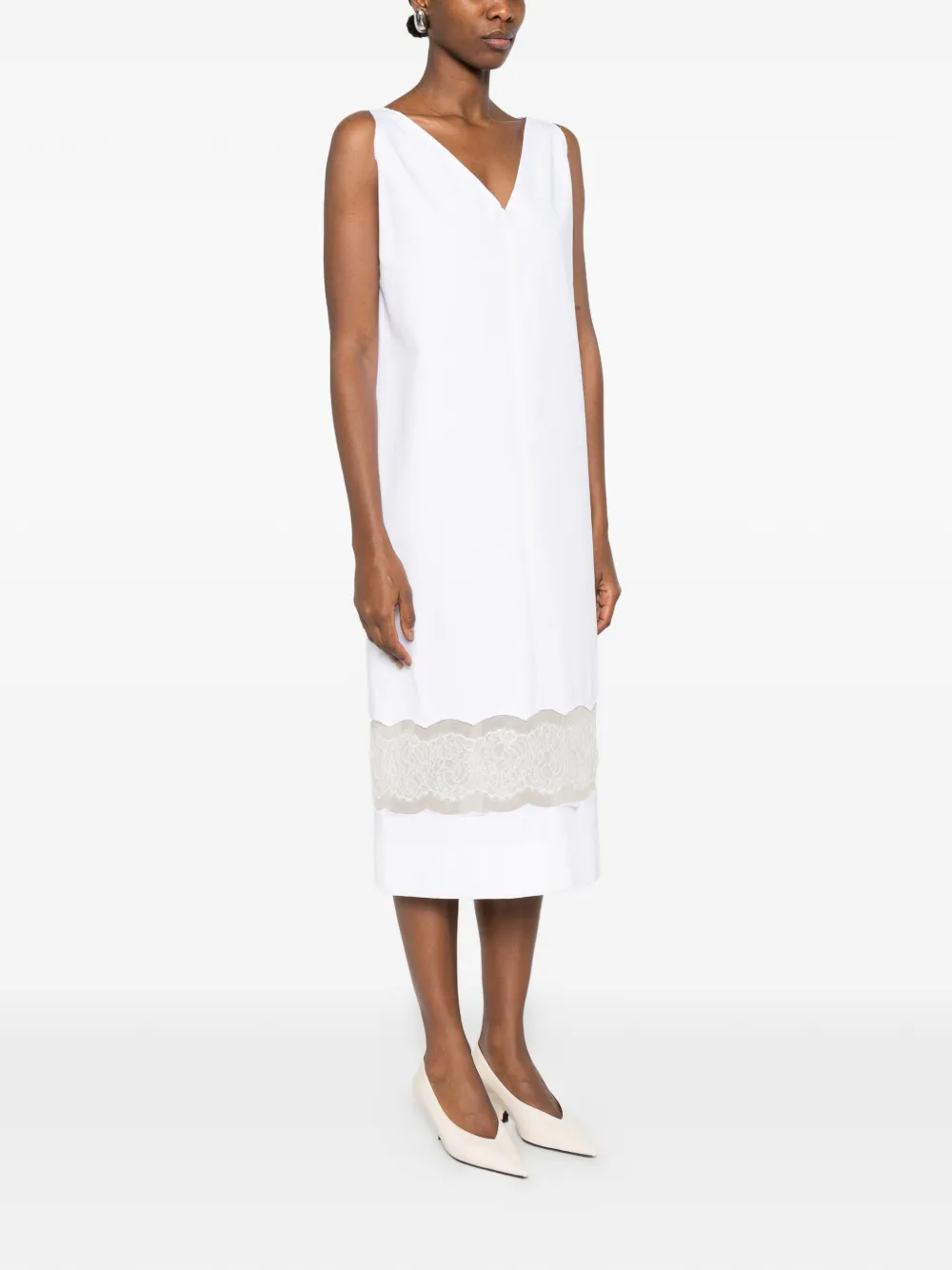 Carven V-neck Lace Midi Dress in White, view 3