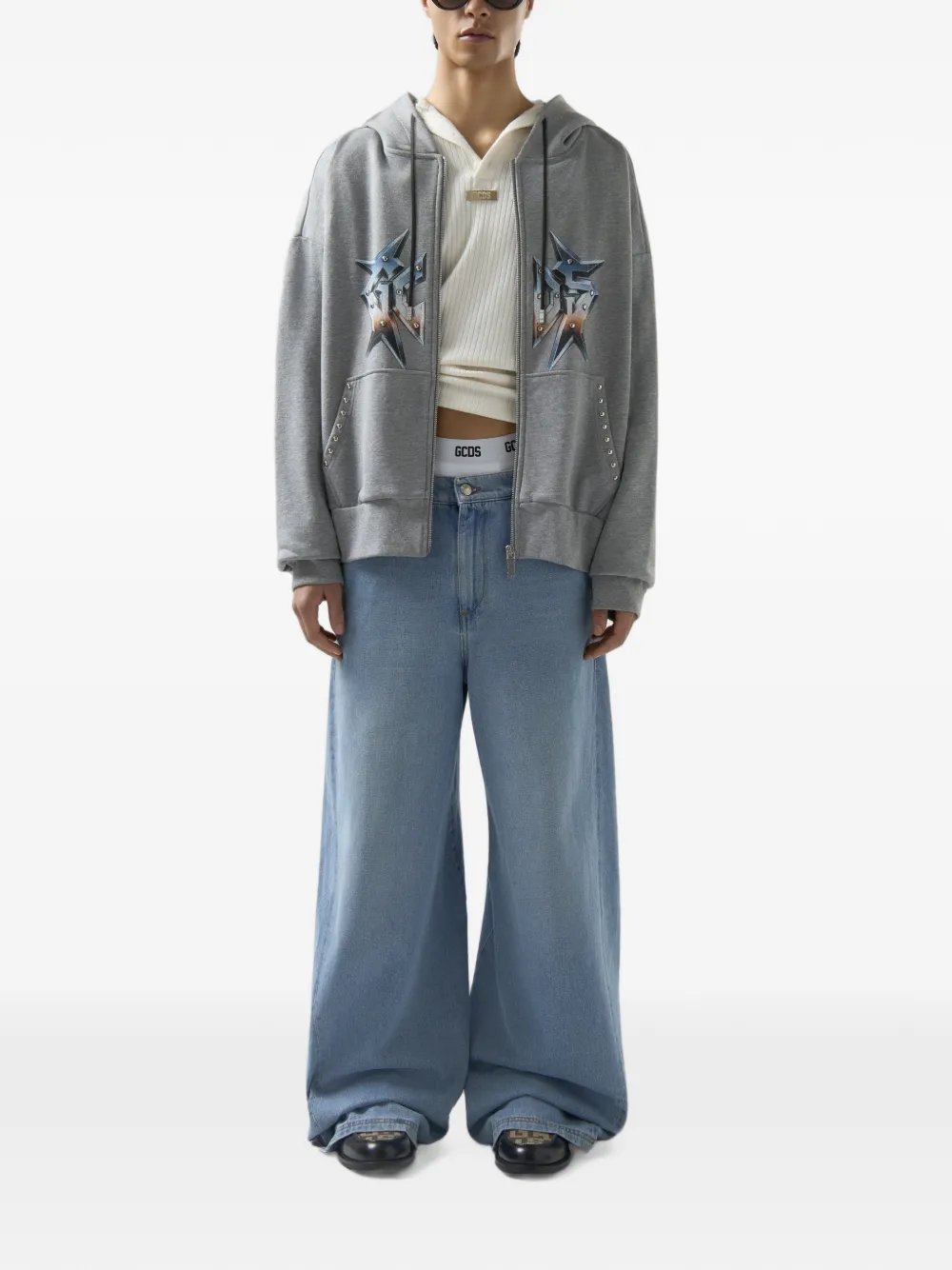 GCDS Hoodie met rits en studs Grijs