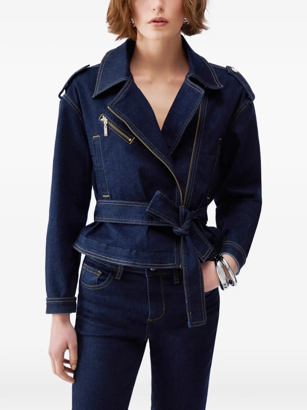  Liu Jo Biker Belted Denim Jacket - Blue 