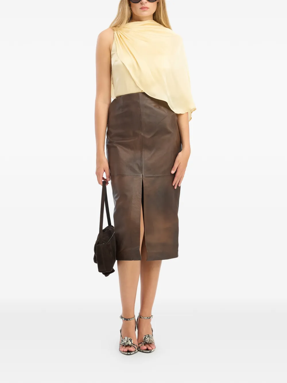  Rotate Birger Christensen Leather Midi Skirt - Brown 