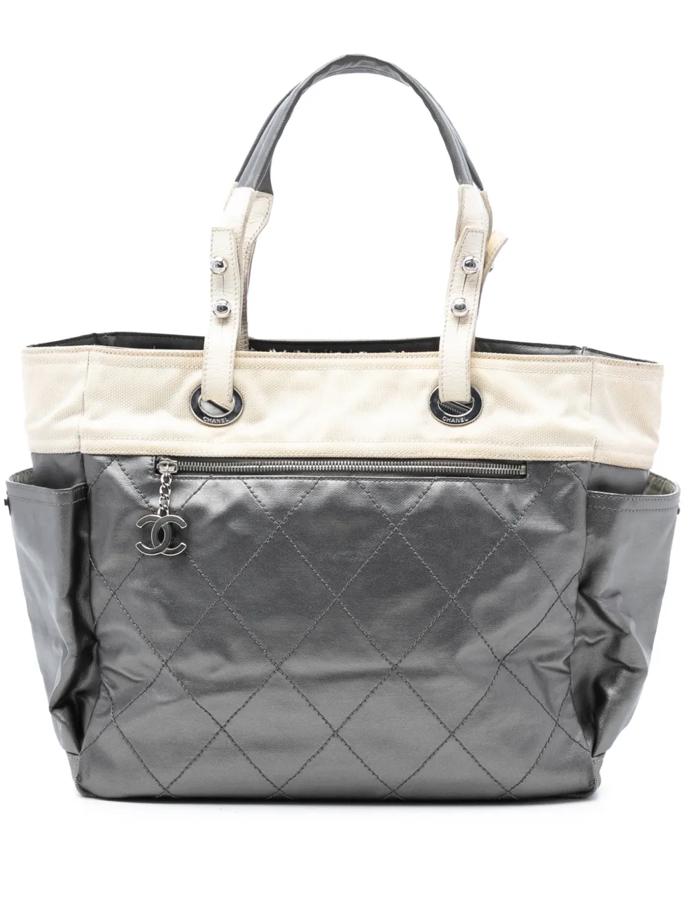 CHANEL Pre-Owned Borsa tote Paris Biarritz grande trapuntata in tela cerata bicolore 2006-2008 - Grigio