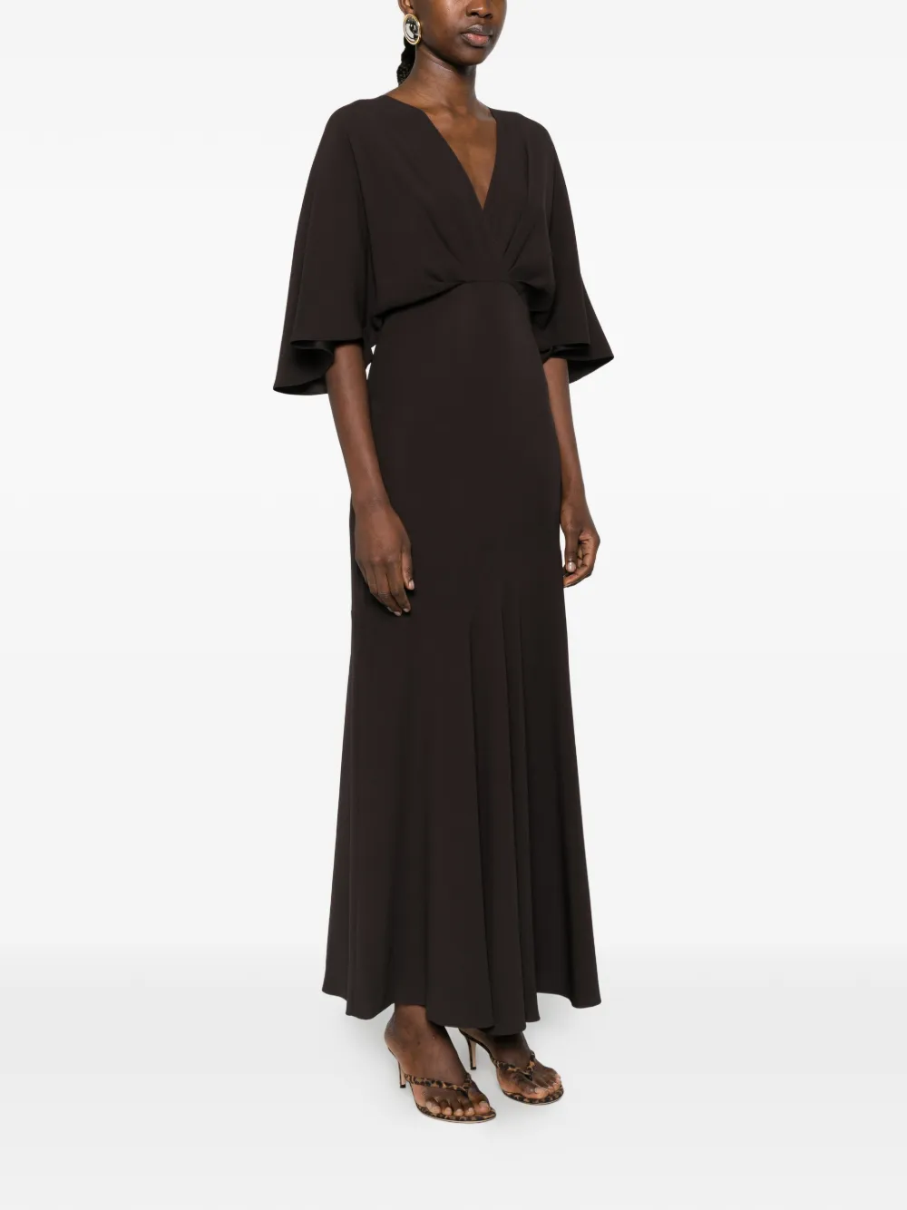 Agnona V-neck Midi Flared Dress - Brown 