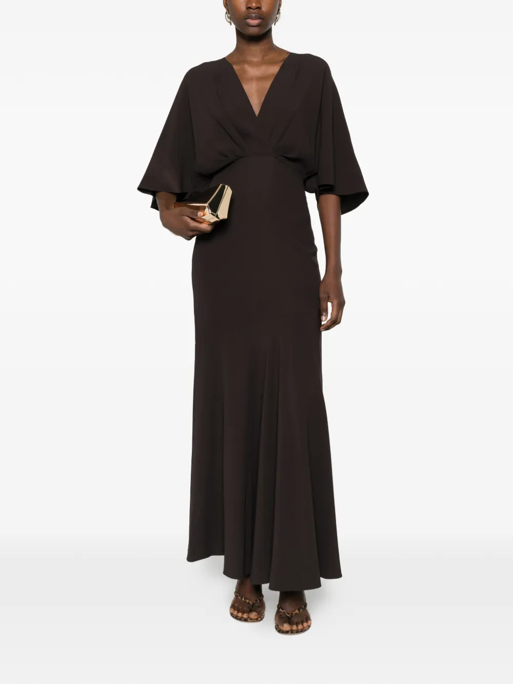  Agnona V-neck Midi Flared Dress - Brown 