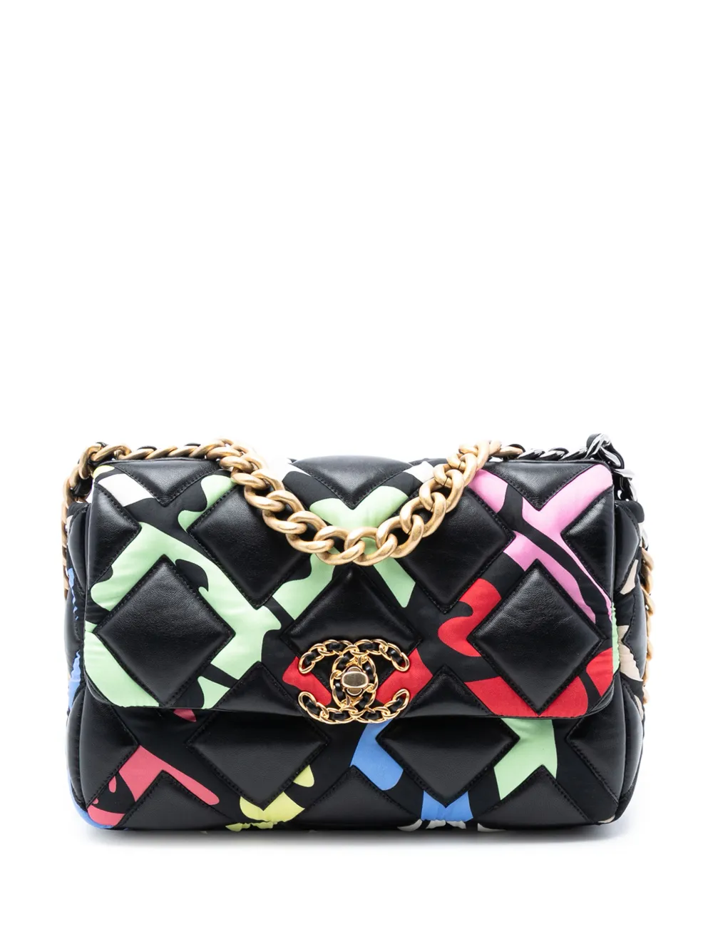 CHANEL Pre-Owned 2021-2025 Medium Lambskin and Printed Silk Fixation 19 Flap satchel - Nero