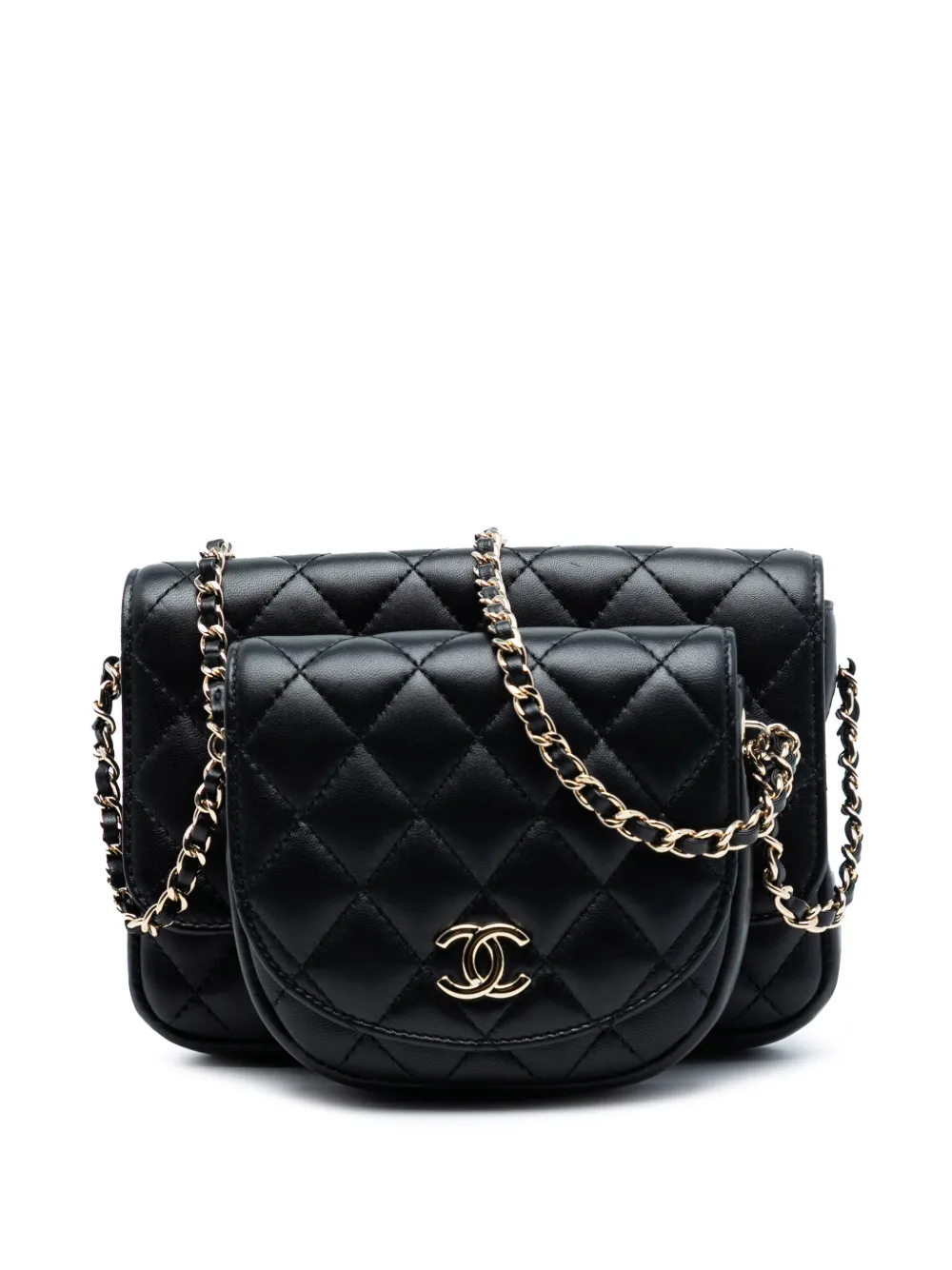 CHANEL Pre-Owned Borsa a tracolla CC in pelle di agnello trapuntata con battente e pouch 2019 - Nero