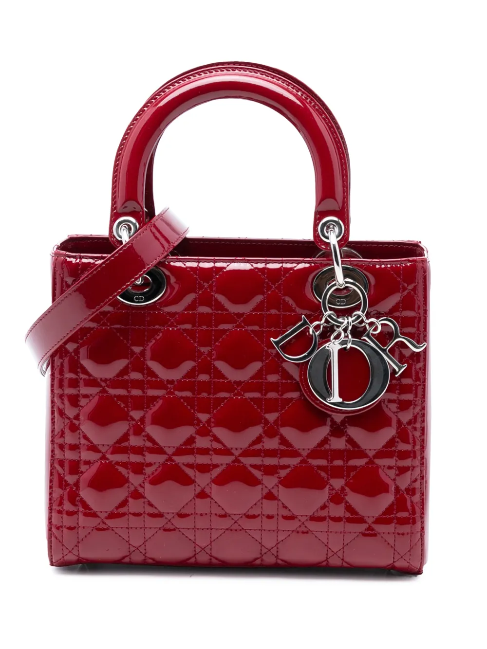 Christian Dior Pre-Owned Borsa a tracolla Lady Dior media con finitura verniciata e motivo Cannage 2016 - Rosso