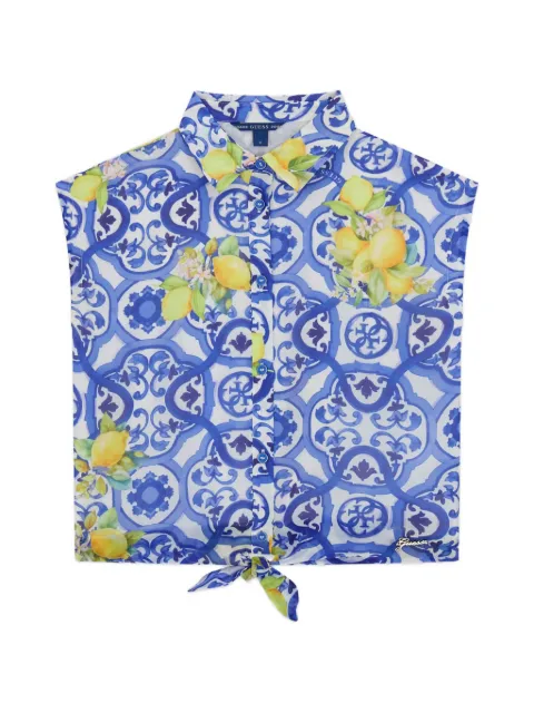 guess kids tie-front lemon-print shirt