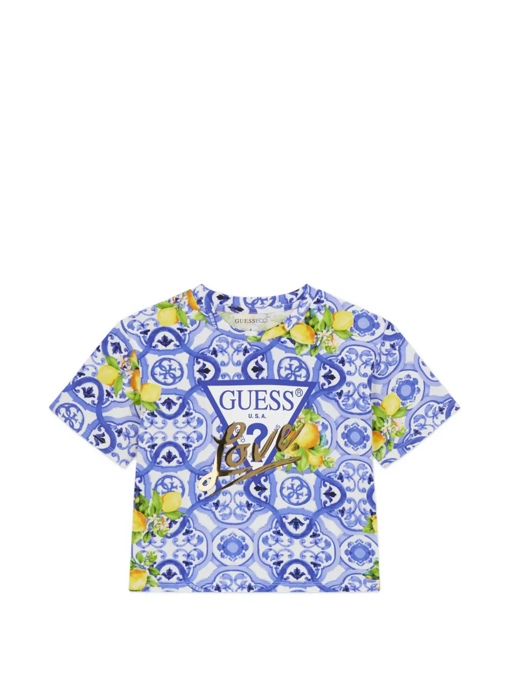 guess kids tile-print short-sleeve T-shirt - Blu