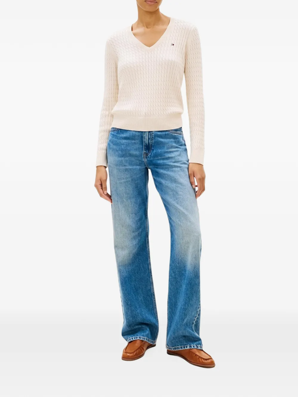 Tommy Hilfiger Kabelgebreide trui met V-hals Beige