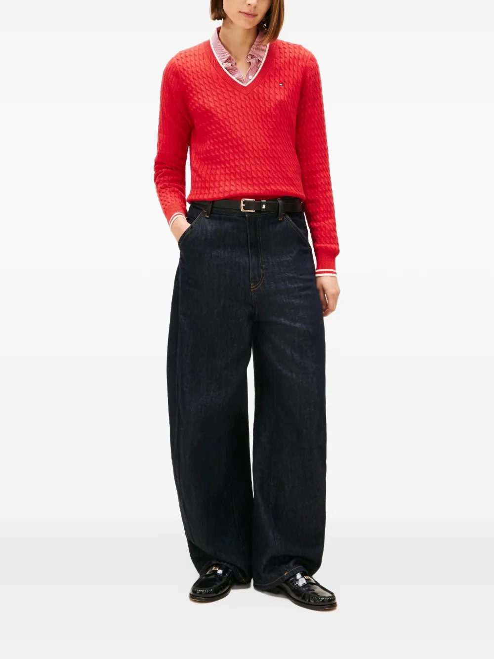 Tommy Hilfiger Kabelgebreide trui met V-hals Rood
