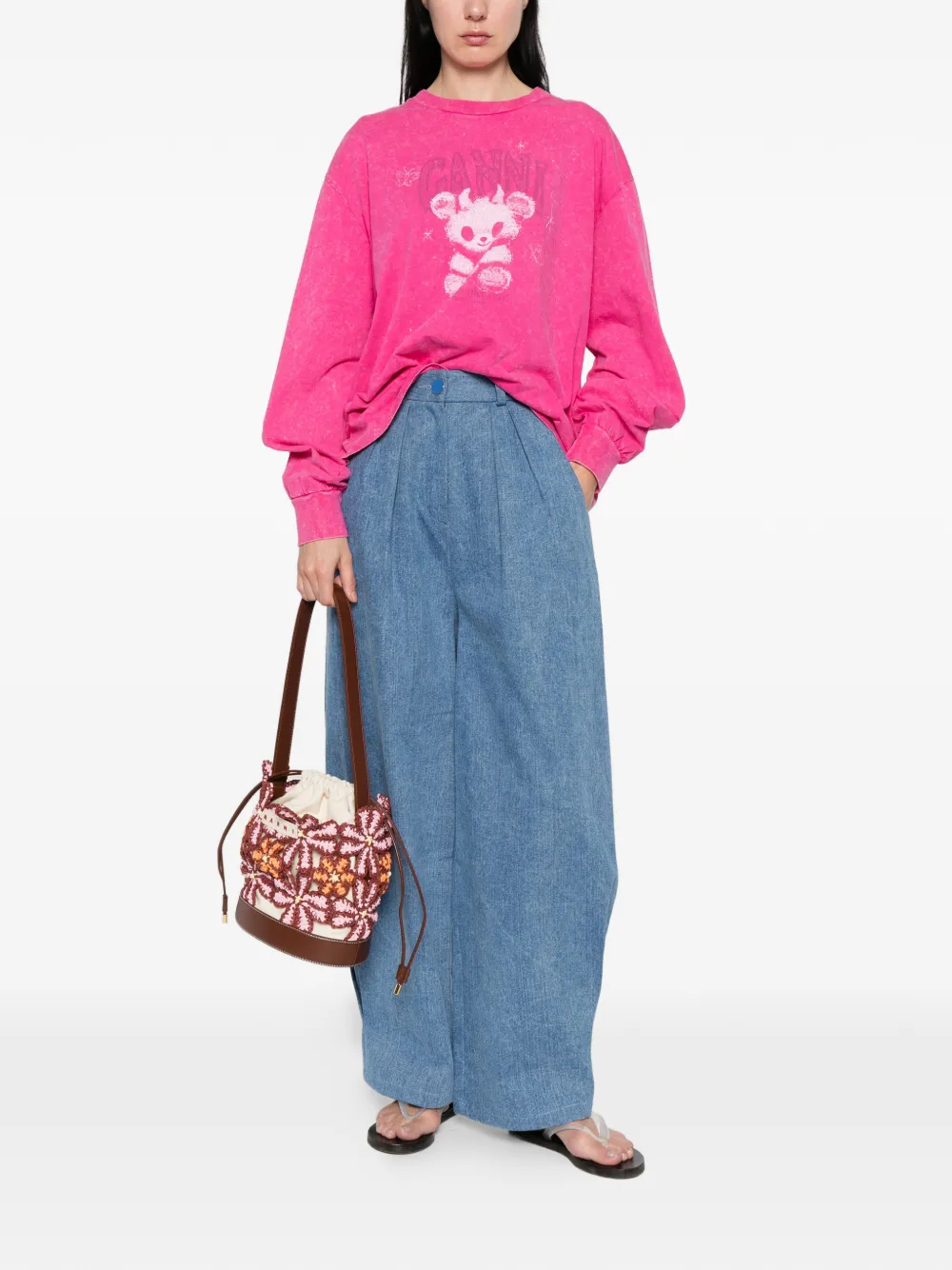 GANNI T-shirt met grafische print en lange mouwen Roze