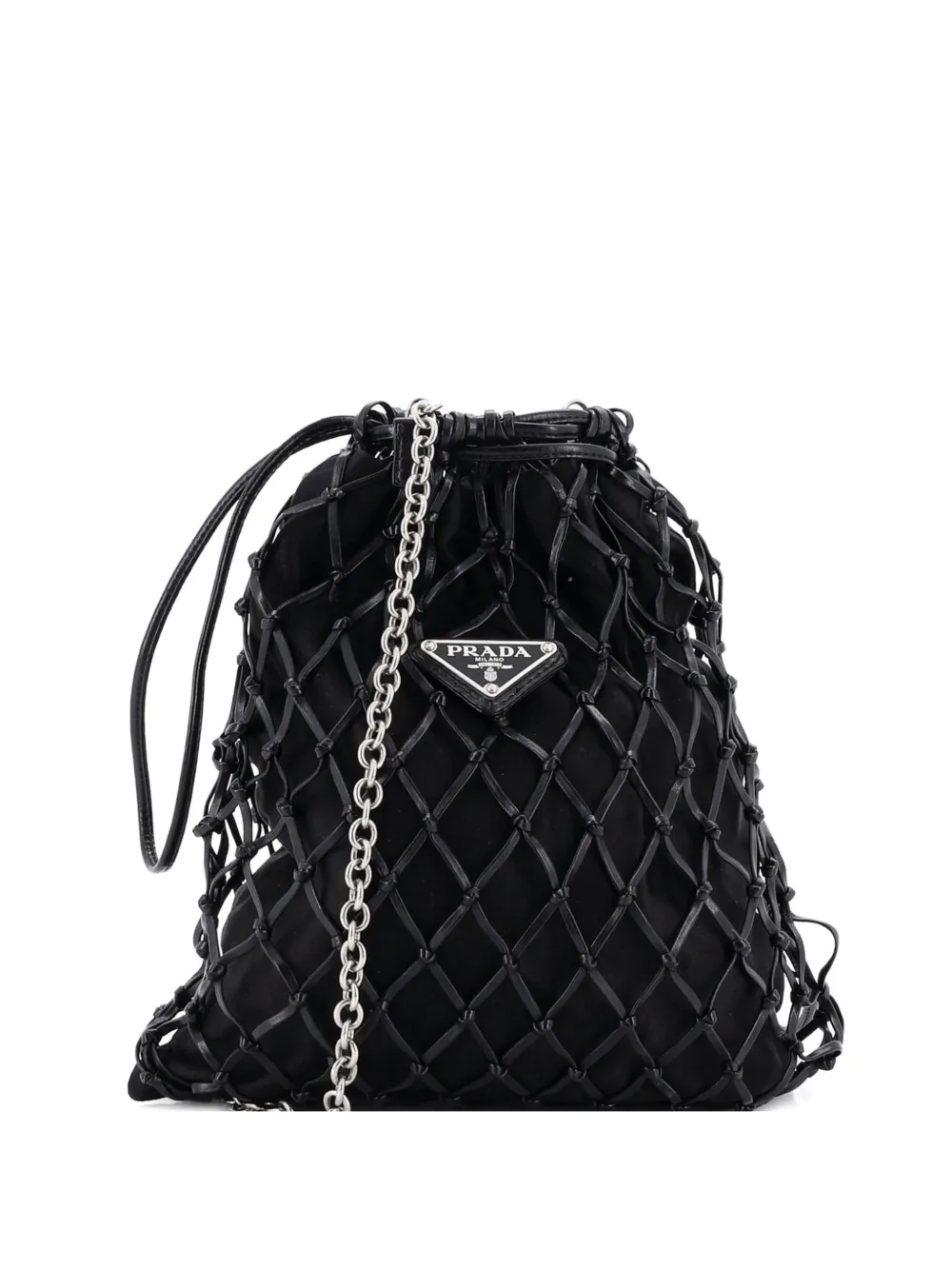 Prada Pre-Owned Fishnet Chain Crossbody Bag Woven Leather and Satin bucket bag - Nero