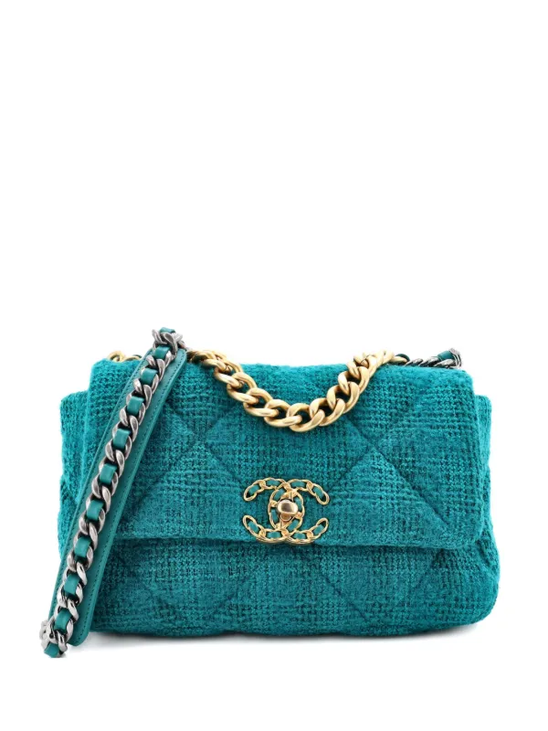 Chanel Pre-owned 19 Flap Bag Quilted Tweed Medium Crossbody Bag in Green