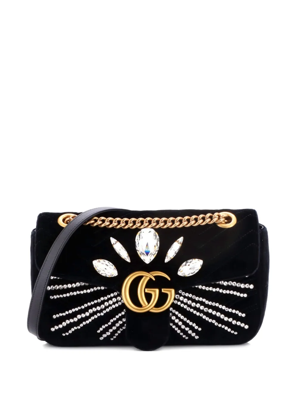 Gucci Pre-Owned GG Marmont Flap Bag Crystal Embellished Matelasse Velvet Medium shoulder bag - Nero