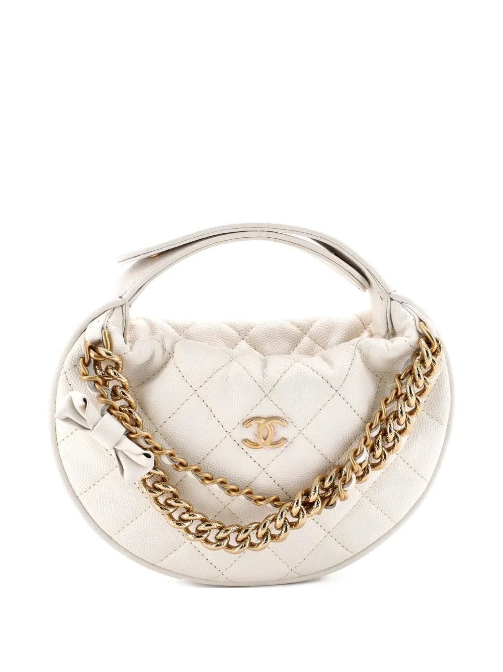 CHANEL Pre-Owned Double Chain Bow Pouch Quilted Caviar Mini hobo bag - Bianco