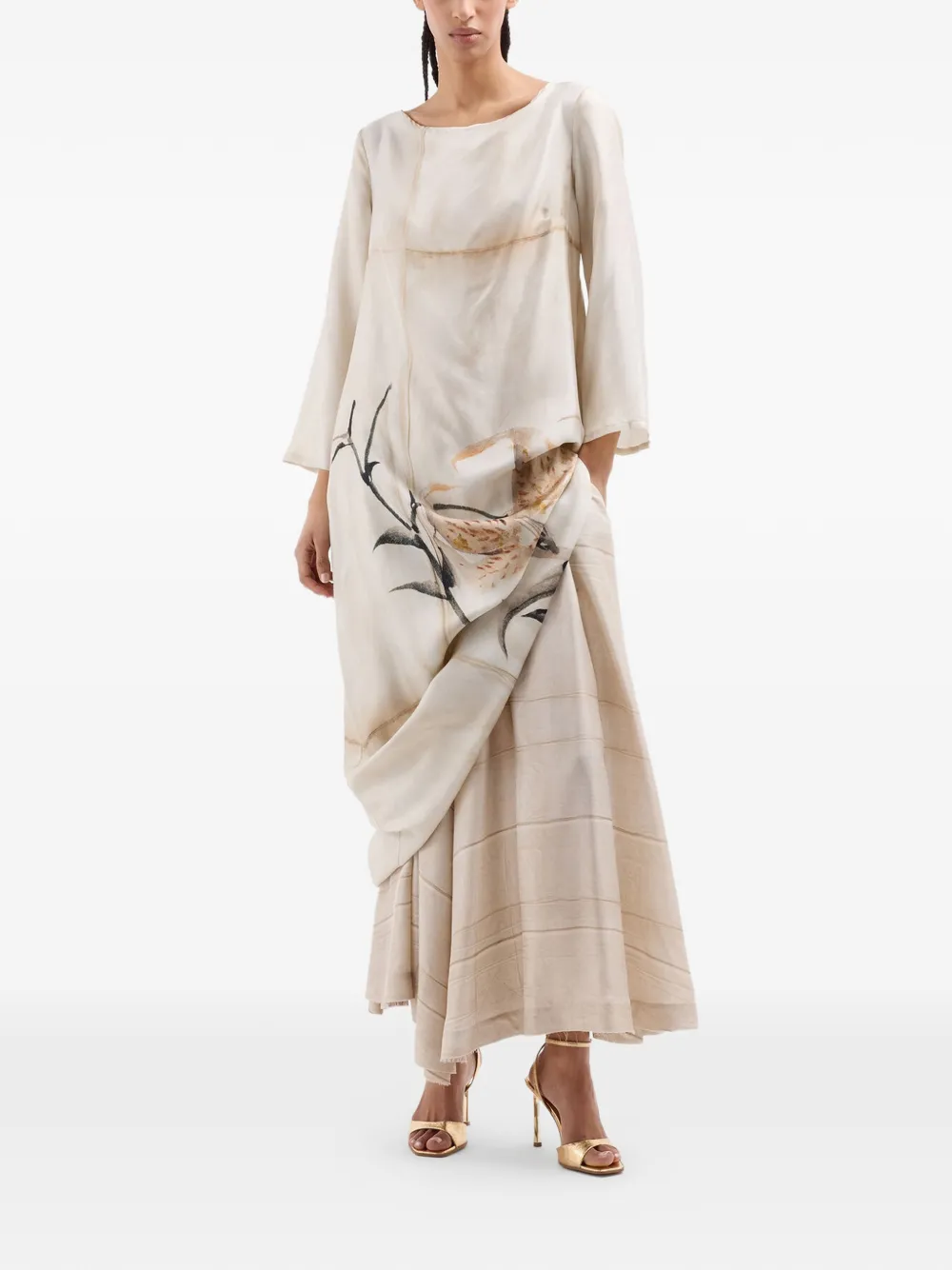 Pierre-Louis Mascia Aloe midi-jurk met bloemenprint en A-lijn Beige