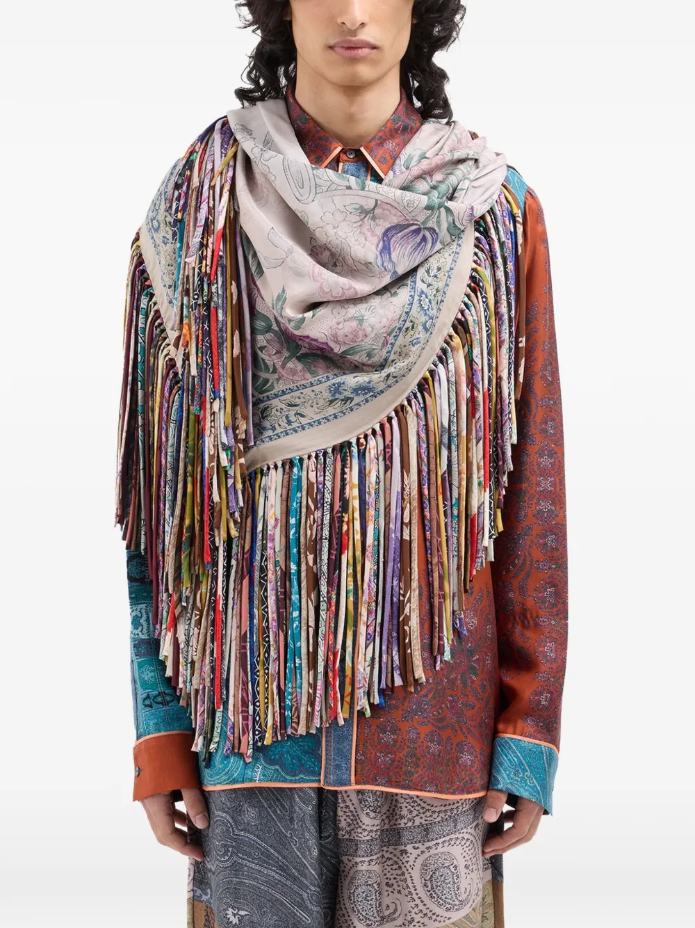 Aloeuw Floral Fringed Silk Scarf