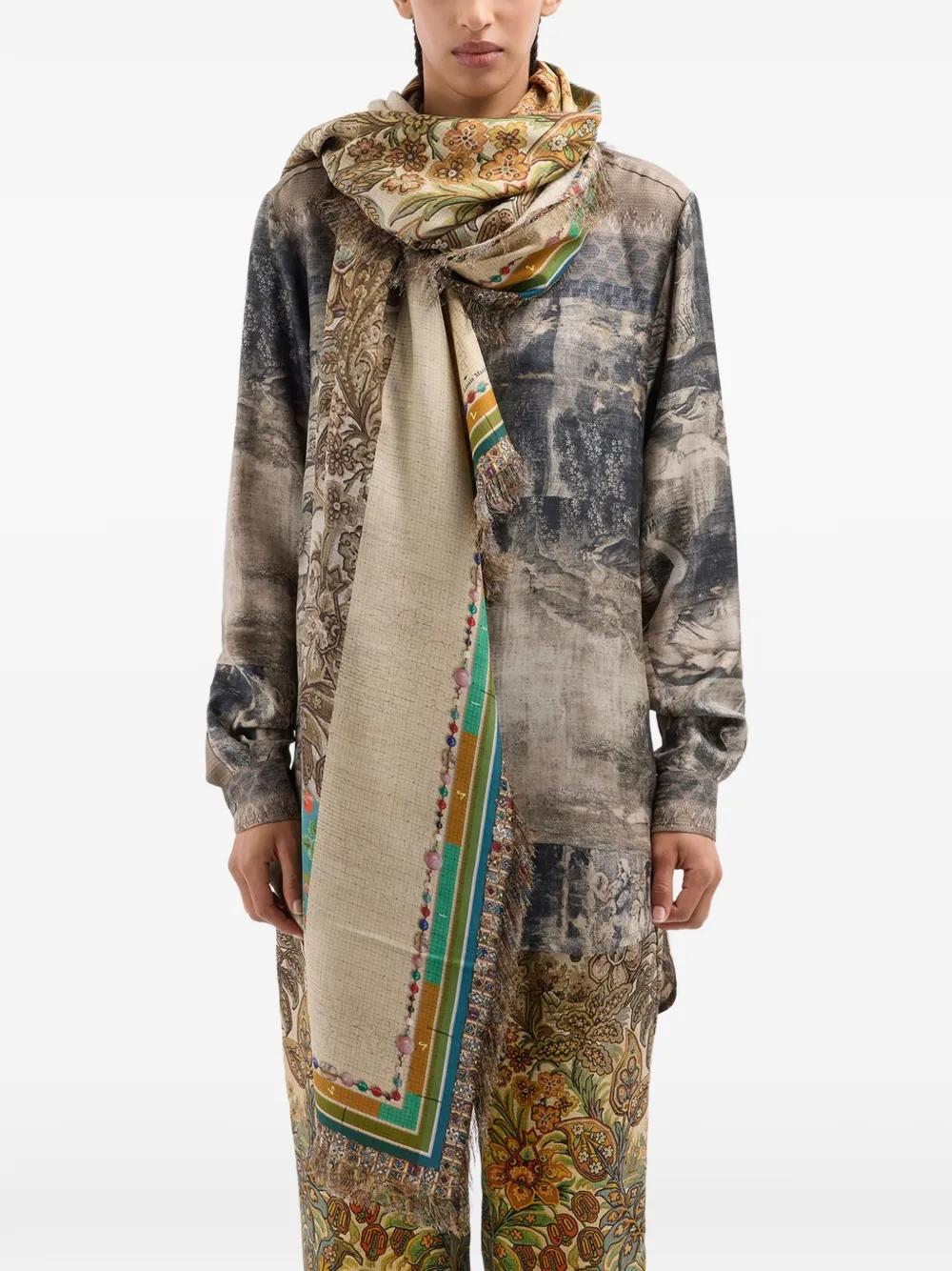 Pierre-Louis Mascia Aloeuw sjaal met bloemenprint en franje Beige